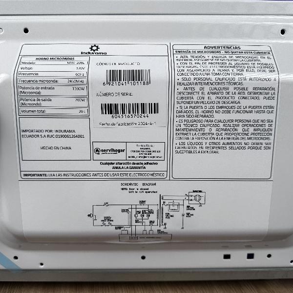 Microondas INDURAMA MWI-20BL 20 litros | 6 Programas Automáticos | Panel Digital LED | Push Button | Acabado Tipo Espejo | Luz Interior | color blanco