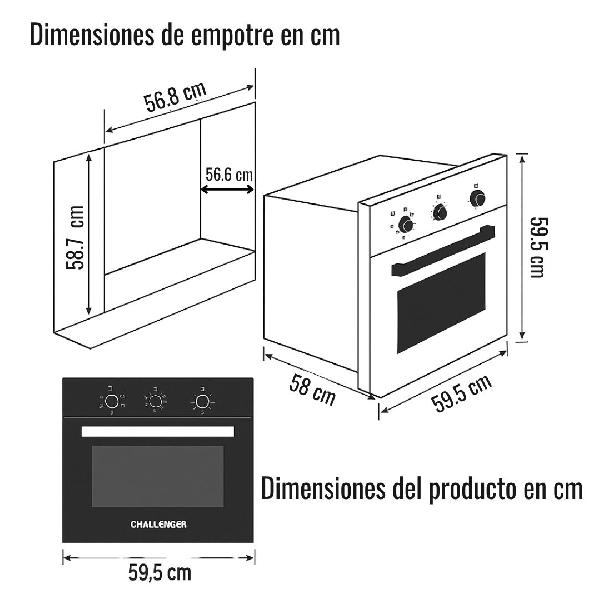 Horno empotrable eléctrico CHALLENGER HE2750 60 cm 52 Litros 220v Grill eléctrico | 7 Tipos de Cocción | Convección | Timer Electromecánico | Crystal Clean | Puerta de Doble Vidrio | color negro